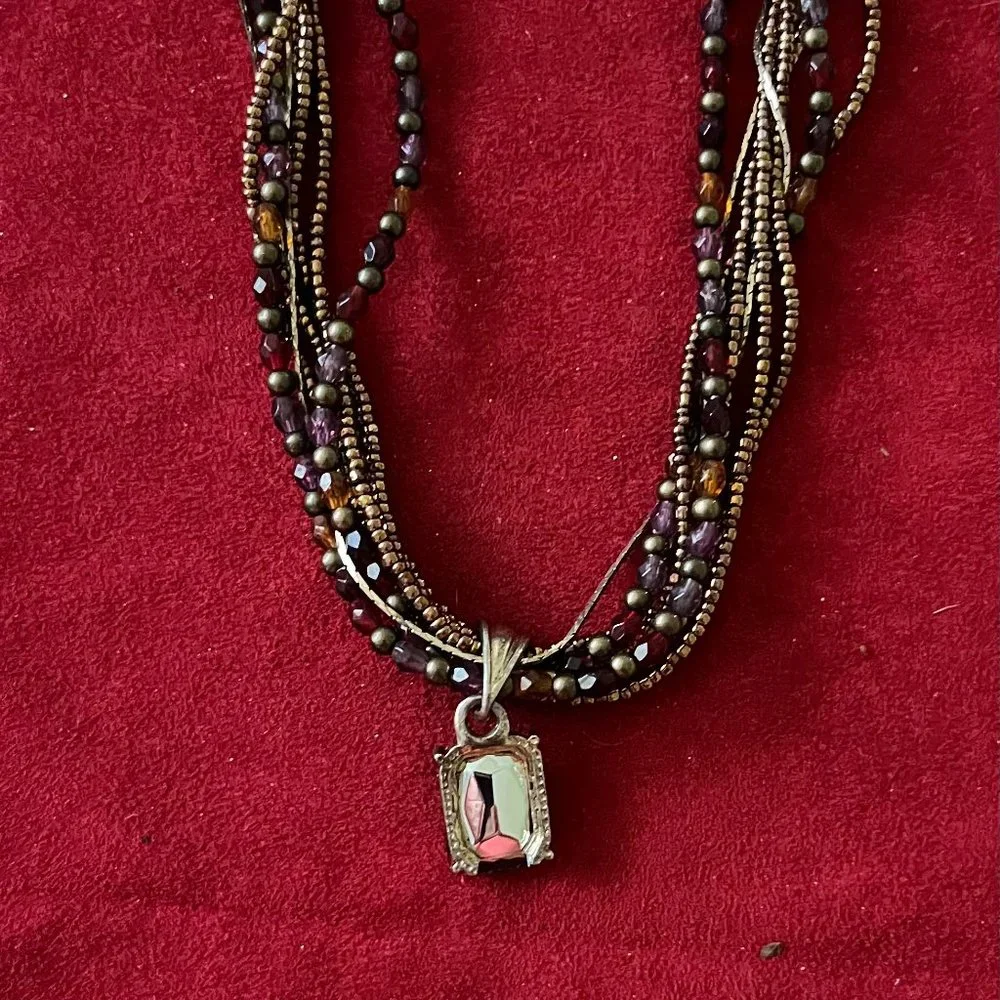 Beaded Necklace w/Dark Burgundy Crystal Pendant Adjustable - Picture 6 of 8